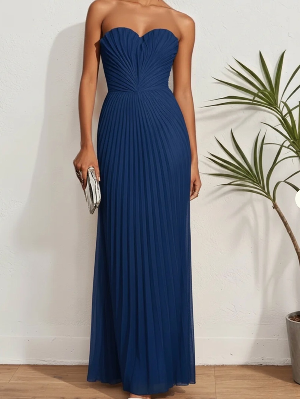 Strapless Blue Pleated Maxi Dress with Sweetheart Bodice